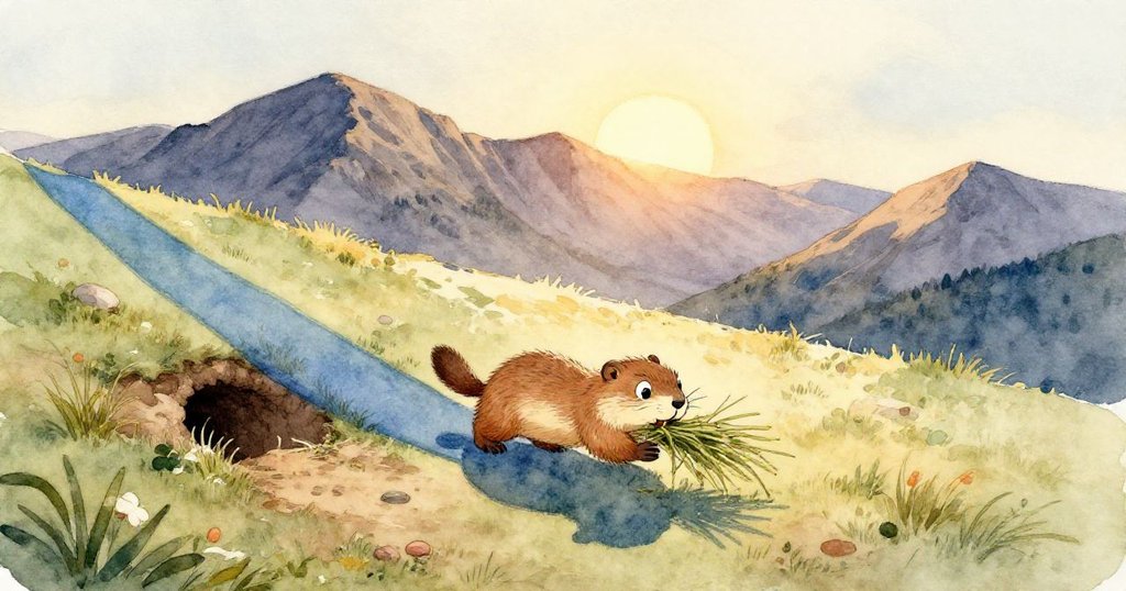 小麝鼠在落日餘暉中拖著草穿越冰霜碎石，沿高山岩壁前往洞穴，展現寧靜冒險旅程