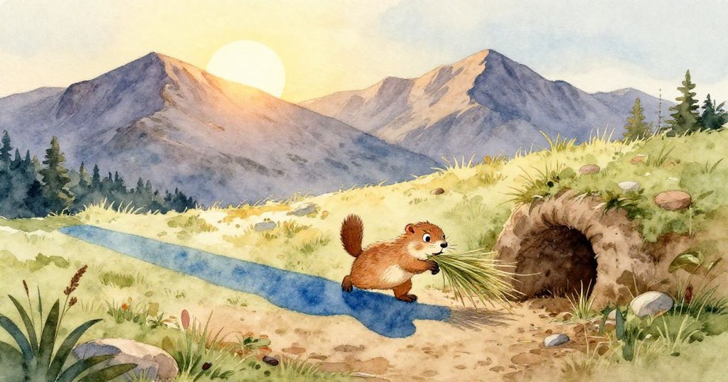 小麝鼠躍上樹幹，爪子牢抓粗糙樹皮，風中草葉飛揚展現動感，動作充滿活力