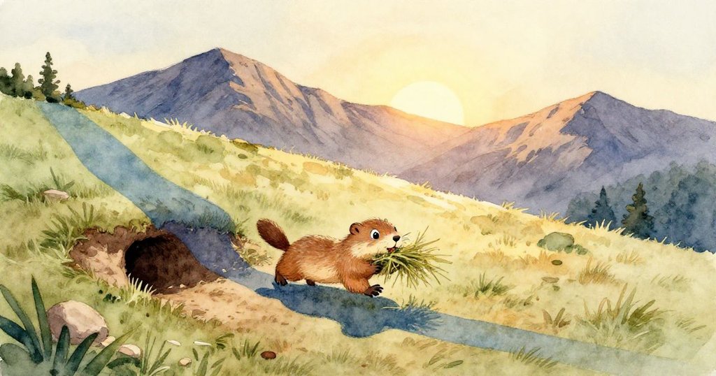 小麝鼠在藍影覆蓋中將草輕推入石門，完成冒險旅程，動作溫柔透露結局溫馨