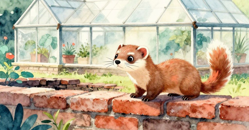 Flicker在老溫室旁的農園石牆旁嗅探，溫暖午光灑落，環境幽靜且充滿好奇與寧靜情緒。