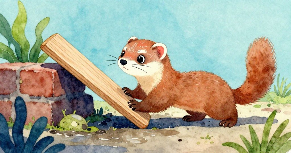 Flicker在傾斜角度中用前爪推動鬆動的木板，旁邊堅定的磚塊守住縫隙，泥濘中展現決心與好奇。