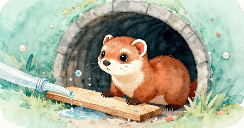 Flicker探頭窺視木板下隱藏的通道，隱約聞到穀物香味與雨滴低語，場景神秘且充滿冒險氣息。