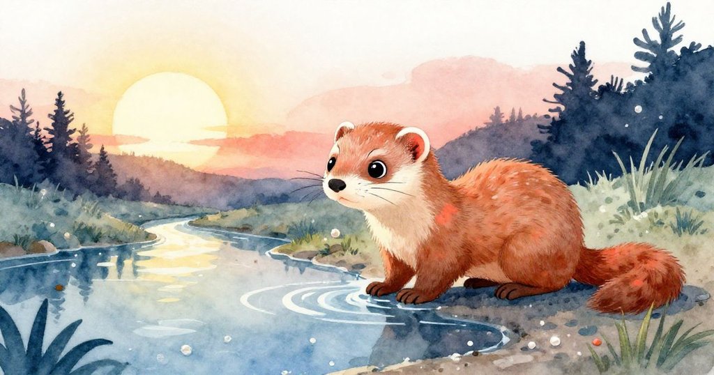 Flicker在夕陽餘暉下停步觀望亮閃水溝和漸乾水潭，黃昏光線溫暖柔和，結束了一天充滿奇趣的冒險。