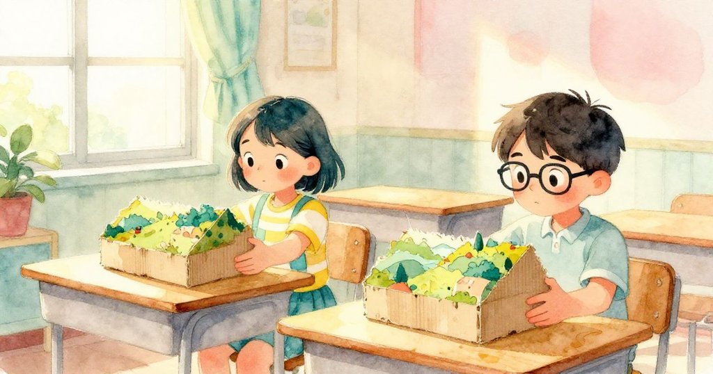 Lena和Tom在晨光中搬動破舊紙板模型到桌上，充滿希望與活力，室內溫暖明亮展現早晨開始的情景