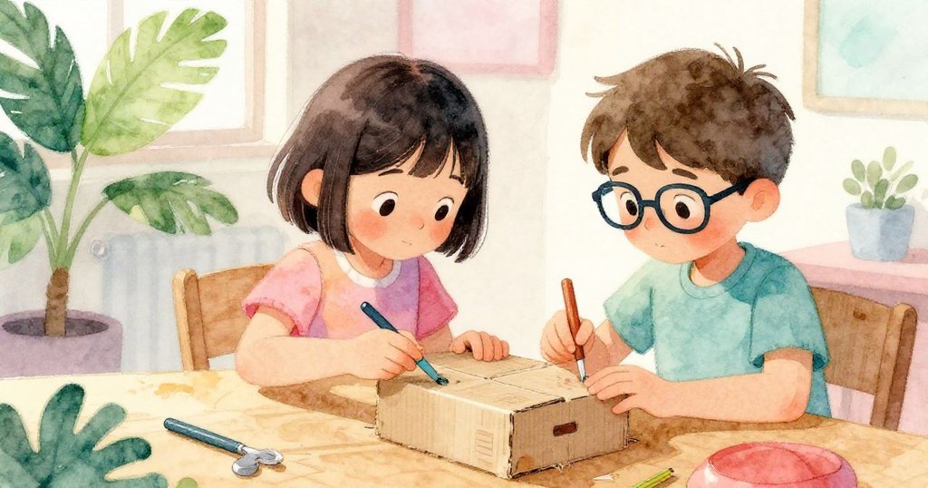 Lena正用刷子掃去塵埃，Tom專注拼合紙板邊角，他們的手與腳在溫暖光線中展現專心工作的細節