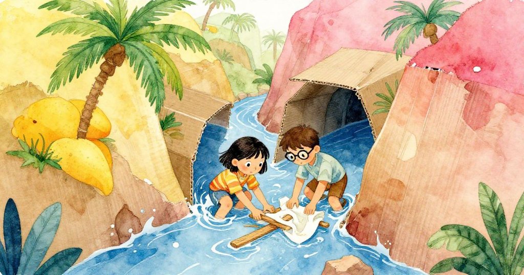 從高處俯瞰，藍油漆流入紙板峽谷，Lena和Tom忙著用木條和布料應急修補，場景緊張而充滿細節