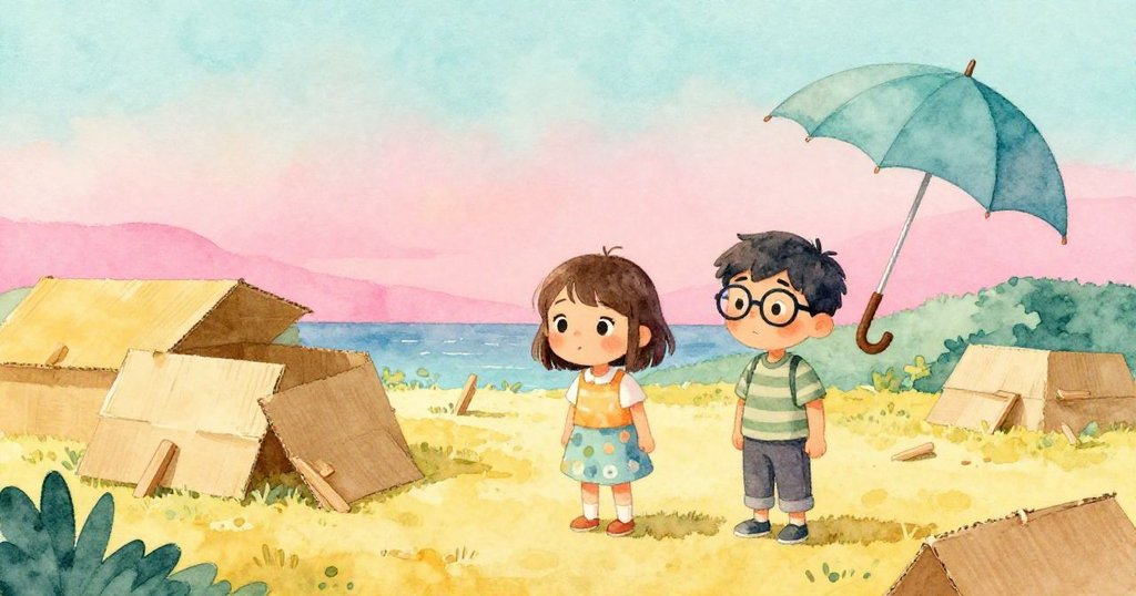 Lena和Tom滿懷欣慰望著修復完好的紙板模型，扶持木條穩固結構，背景中雨傘輕揚傳達創意與堅毅情懷