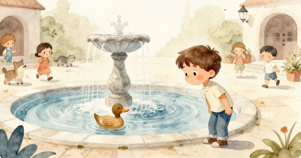 馬泰奧在庭院噴泉邊尋找木鴨，水花飛濺，背景有人群與小動物，充滿好奇與期待。