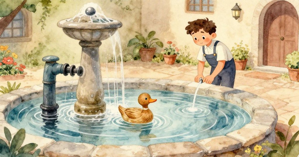 馬泰奧的鞋子在濕潤木板上滑動，噴泉水面猶如鏡子反射出水波動感，情景緊張生動。