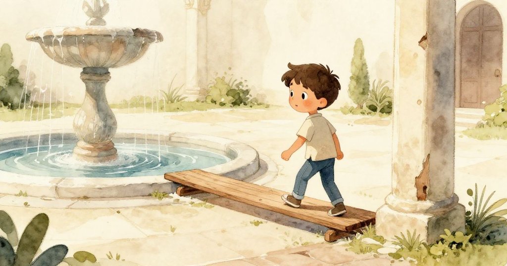 馬泰奧沿著破損柱旁的窄木板前行，濕磚在陽光下閃光，環境既冒險又溫馨。