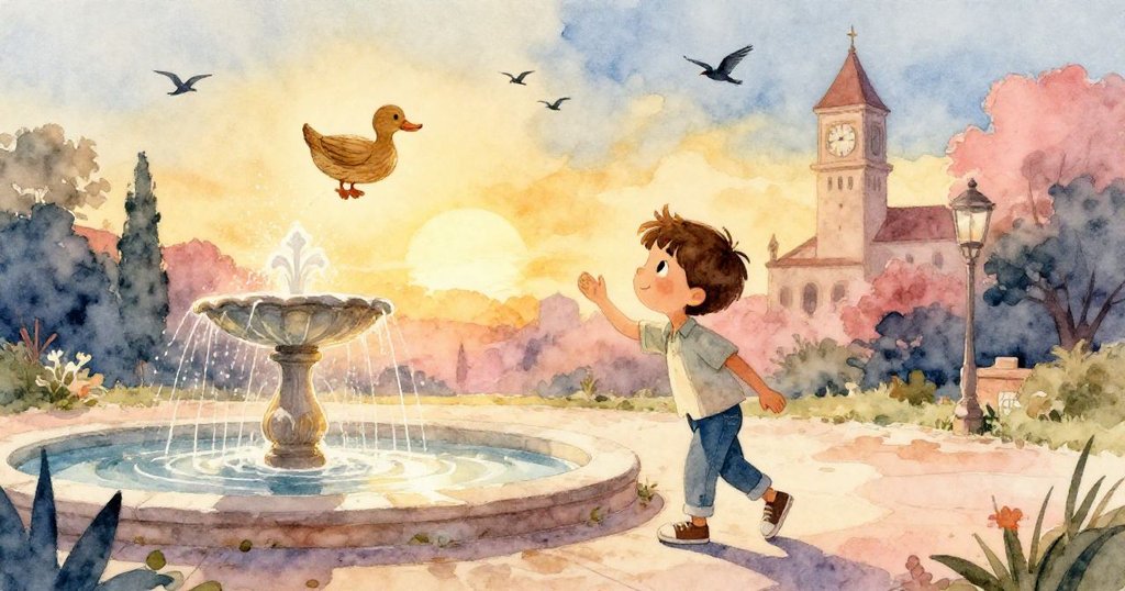 馬泰奧在落日餘輝中離開噴泉，木鴨隨水漂流，背景時鐘塔與鳥群映出溫暖安定的結局。