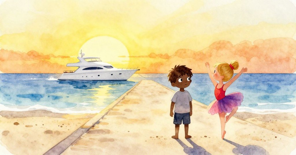 Jonah和Mia在夕陽下於沙洲上動身跨越通道,背景有潔白遊艇與漸暗天際,充滿冒險與期待。