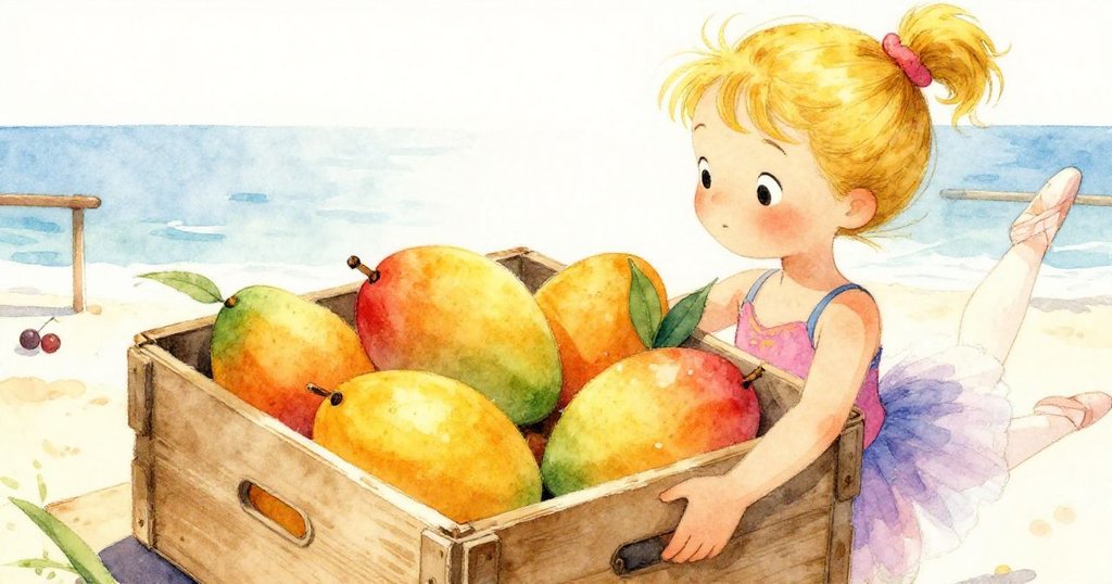 Mia專注托著滿載鮮果的箱子,細膩展現果實與海邊環境,充滿小心與期待的情緒。