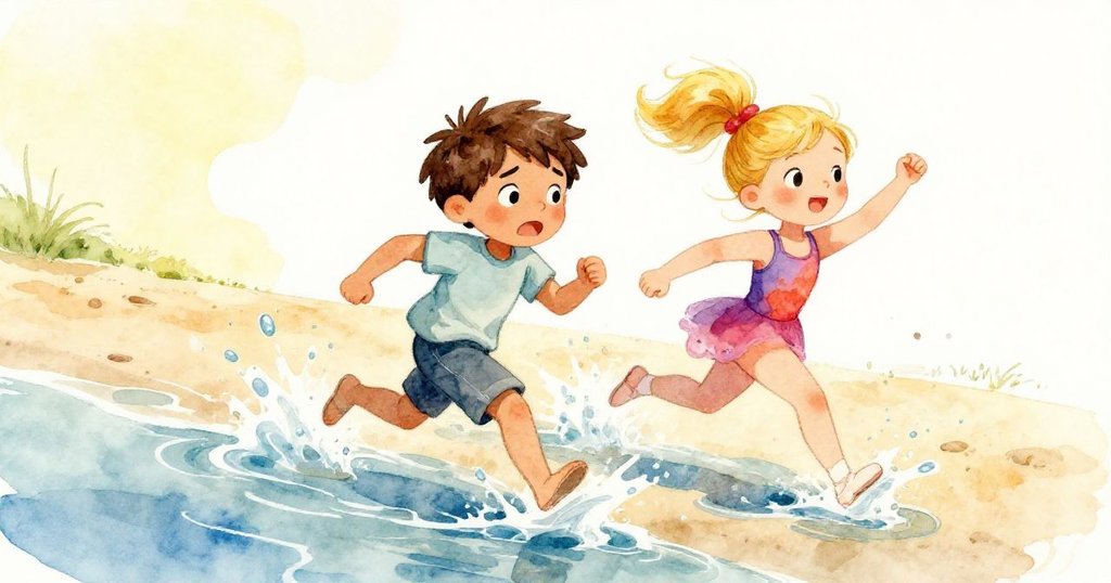 Jonah與Mia急奔在被浪花淹沒的沙洲上,神情緊張中展現堅定決心,水花飛濺營造急迫氛圍。