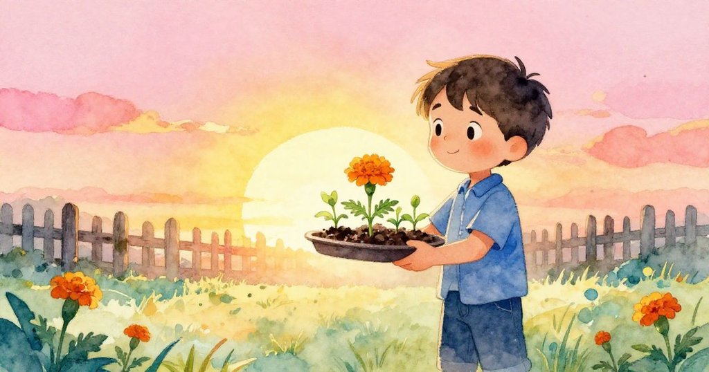 黎奧背著苗盤奔向曙光中濕潤泥土，輪廓分明表現出期待與決心，背景映衬著明亮的太陽。