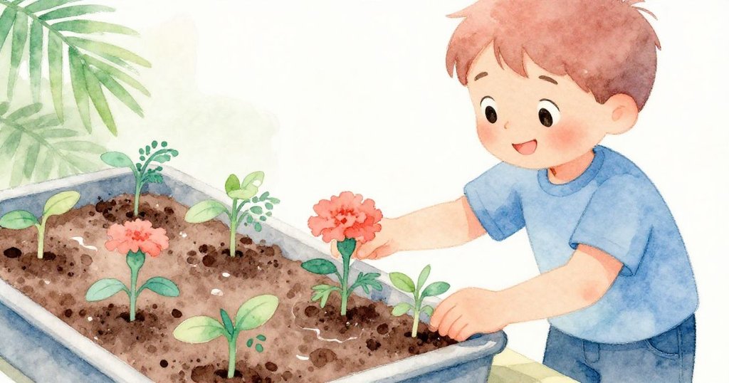 黎奧低頭專注檢查托盤中金黃幼苗與濕潤泥土細緻紋理，手部動作細膩展現期待與認真態度。