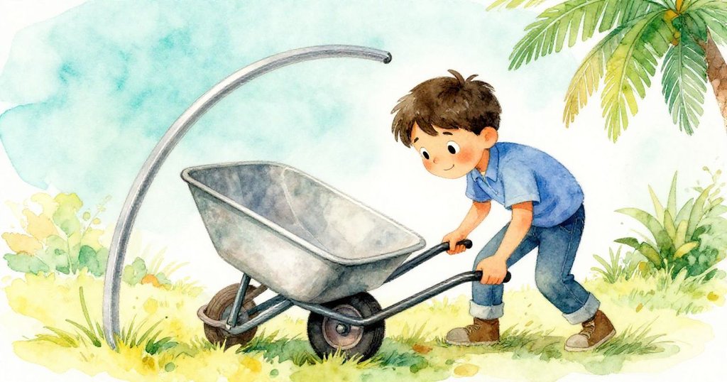 黎奧彎身穿越翻倒手推車形成的金屬拱門，動作果斷而緊張，傾斜視角強調戶外泥濘環境的挑戰。