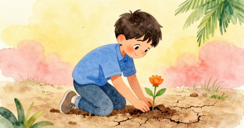 黎奧跪於乾裂泥土邊緣，迅速種下小植物，初生橙色花苞在暖陽下微放光芒，充滿希望與決心。