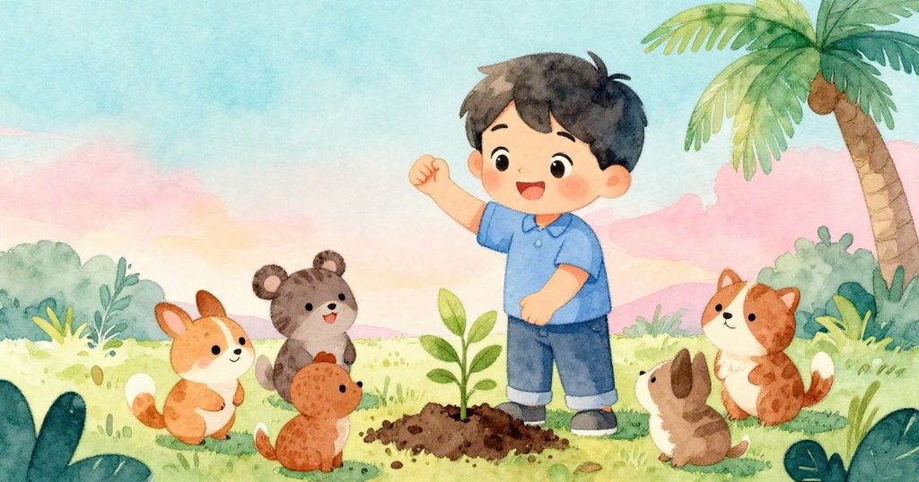 黎奧完成種植後滿臉喜悅，與圍繞的小動物共享成功喜悅，溫馨氣氛中透露出新開始的美好希望。