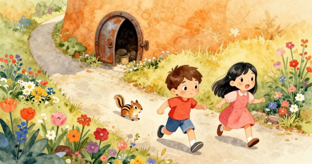 在明亮社區花園中，萊奧與米拉追逐活潑松鼠，鳥瞰視角展現整體景緻與陽光灑落的溫暖氛圍。