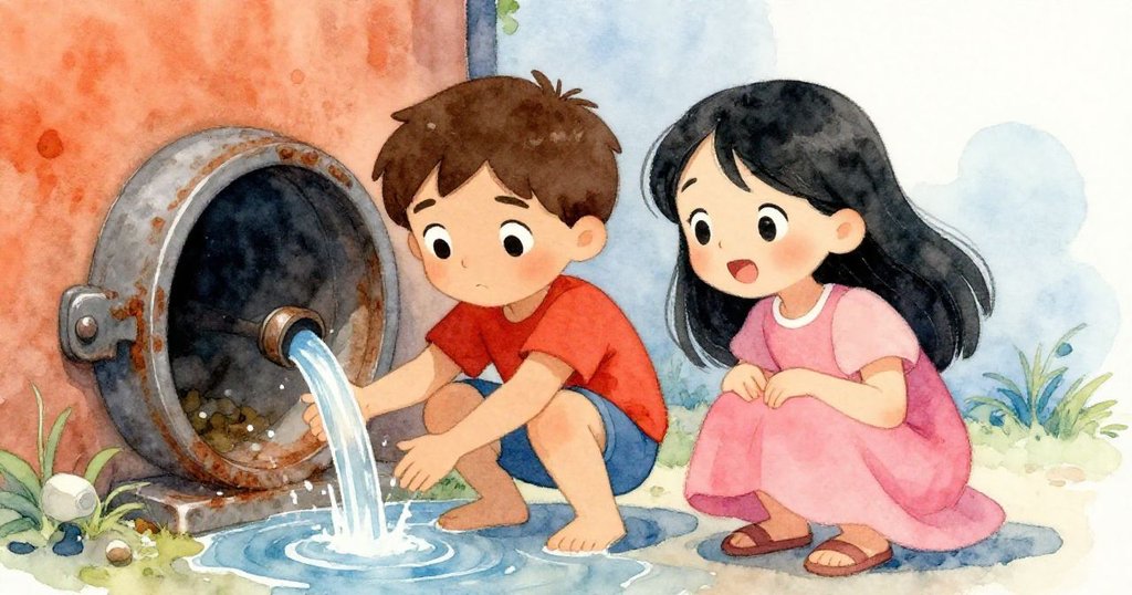 低角度視角中，萊奧與米拉專注觸摸冰冷蓋子，水流輕拂腳踝展現探索精神。