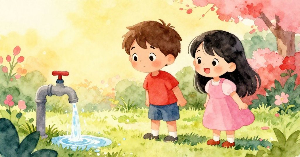 夏日明亮花園中，滴水與整齊草坪互映，萊奧與米拉興奮探索，自然景致充滿生機。