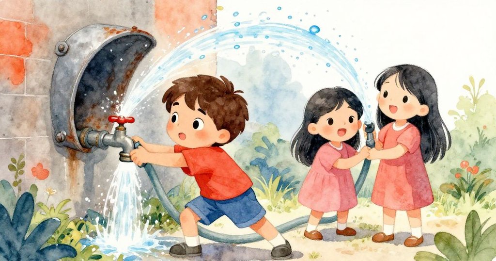 萊奧推動水管，米拉轉動水龍頭，共同激起湧流，展現冒險與合作的熱情瞬間。