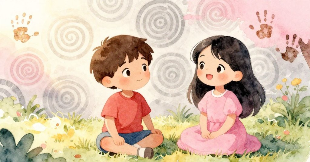 冒險後，萊奧與米拉靜坐於溫馨花園中，望著曬乾手印與恢復平靜的環境，臉上洋溢滿足。