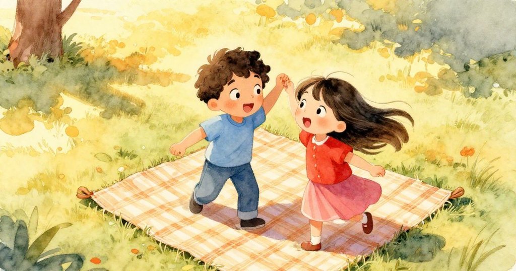 從高處俯視,Leo驚訝仰望,Mira急伸雙手托住被風撩起的野餐布,樹影斑駁中顯示動感轉折。