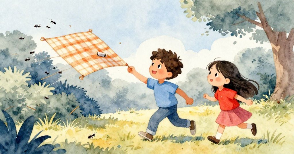 在午後公園中,跑步者輕推野餐布觸發布料飛入灌木,Leo與Mira驚訝觀察,蚂蚁匆忙逃竄,畫面充滿動感。