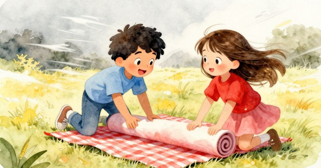 在風勢強勁的公園裡,Leo與Mira積極合作重捲野餐布,動作活力四射,臉上露出帶著決心與微笑的表情。