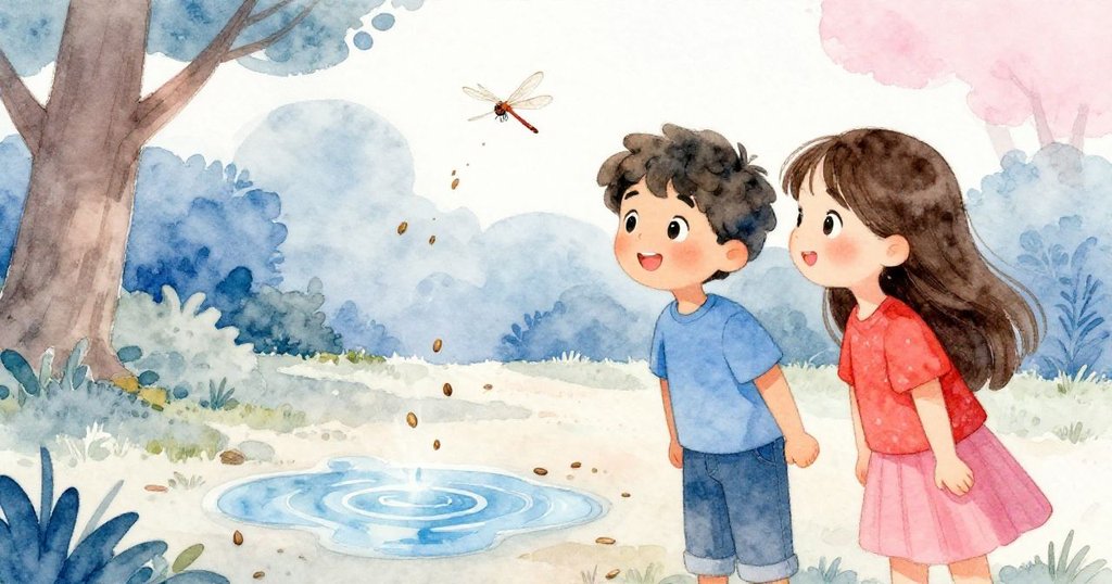 在公園邊緣的小水坑旁,Leo放下捲布後靜觀落種蜻蜓掠影,Mira與他揮手告別整段奇遇,臉上流露滿足與溫柔。