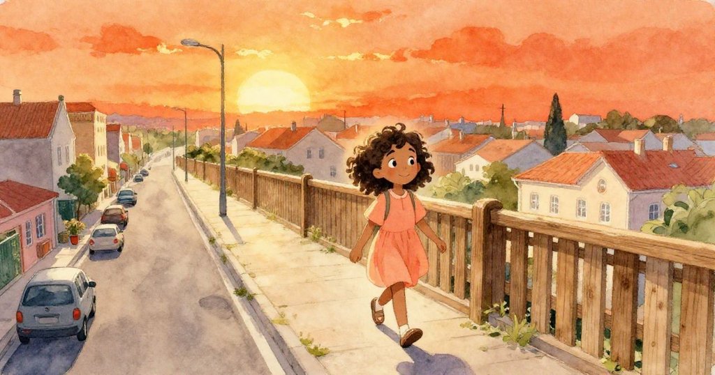 在暖陽下，比亞走在街上，旁有長木柵欄，高空鳥瞰展現出快樂與期待的故事開端。