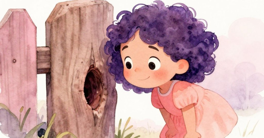 比亞彎腰仔細觀察木柵欄上的小結孔，臉上流露出好奇心，特寫畫面展現探索中段的奧秘。