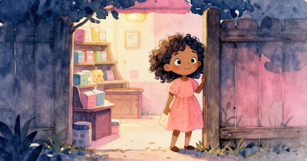 比亞透過寬縫望向小角落店面，見到如階梯般的貨架與色彩盒子，臉上滿是驚奇與欣喜。