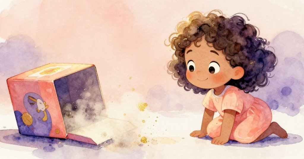 比亞注視著彩盒滑動釋放柔和塵霧，面露驚訝與專注，畫面中段展現出細膩的探索氣氛。