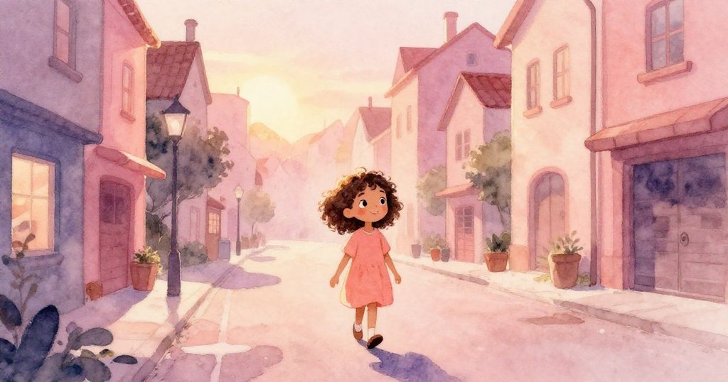 比亞帶著寧靜微笑徐行於寧靜街道，背景呈現平和汽車與行人流動，結局畫面散發溫馨與安詳氣氛。