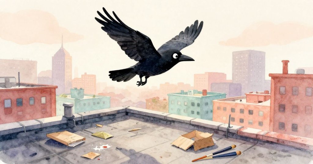 Crowby在寬闊屋頂上盤旋, 觀察散落畫材與明亮溢彩, 城市遠景襯托探索情感開端