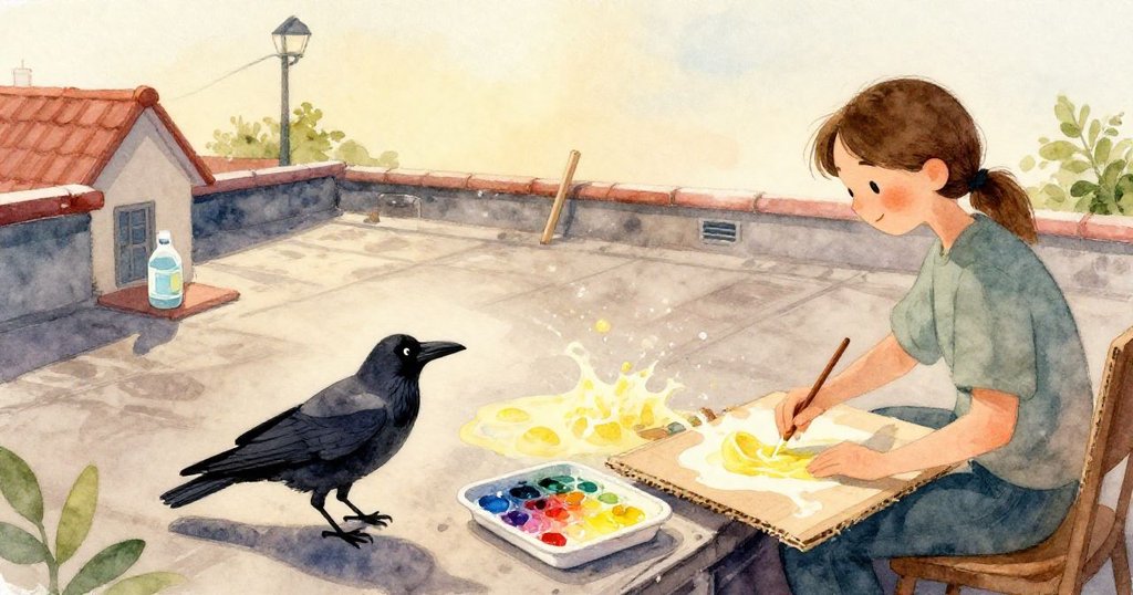 Crowby聚焦其明亮眼眸, 盯著嵌於屋頂逍遙藍蓋, 表現出好奇與驚奇情感, 敘述情節開展