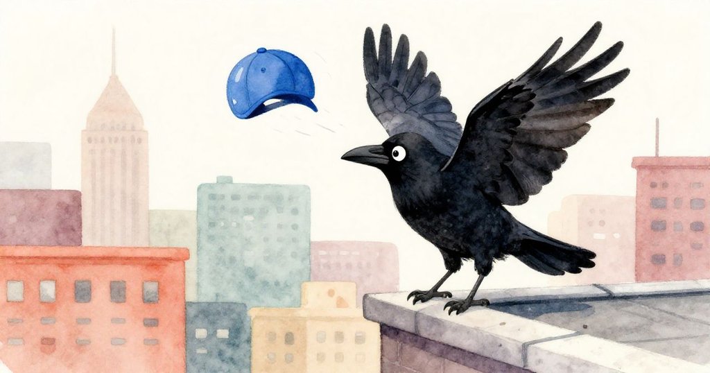 Crowby在高樓邊緣奮力振翅, 狂風吹動藍蓋向邊緣移動, 城市繁忙背景渲染冒險高潮