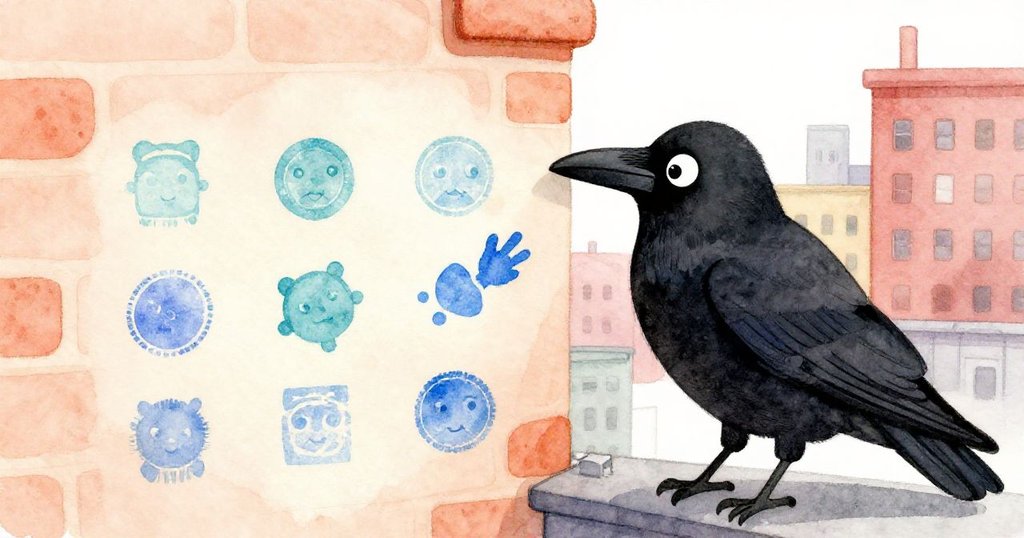 Crowby滿懷欣慰在磚牆上整齊排列六道藍印, 與感恩壁畫輕柔呼應, 呈現探索最終解決與結束情節