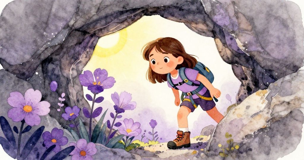 Tara透過岩石裂縫看見紫花盛開,輕觸花瓣,眼中流露驚喜與柔情,山中秘境展現細膩美感。