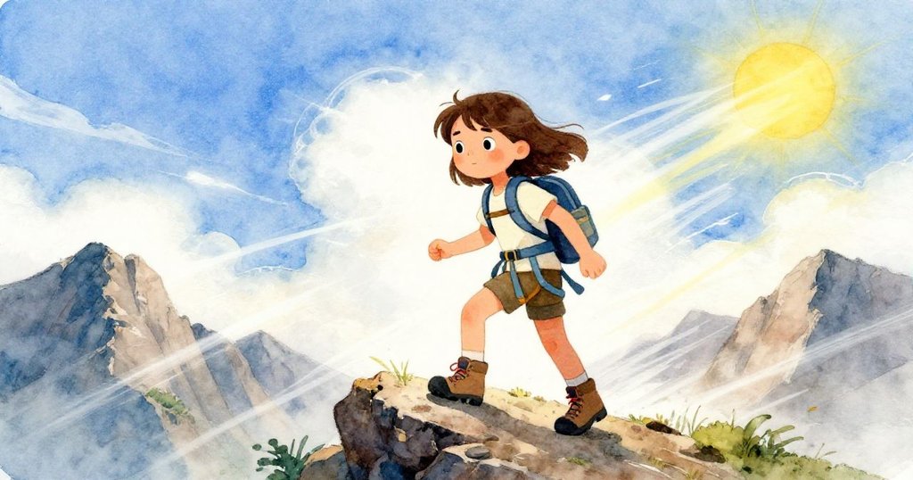 Tara在山邊小心前行,風起光影交錯,臉上堅毅,感受濕土與樹脂的自然氣息。