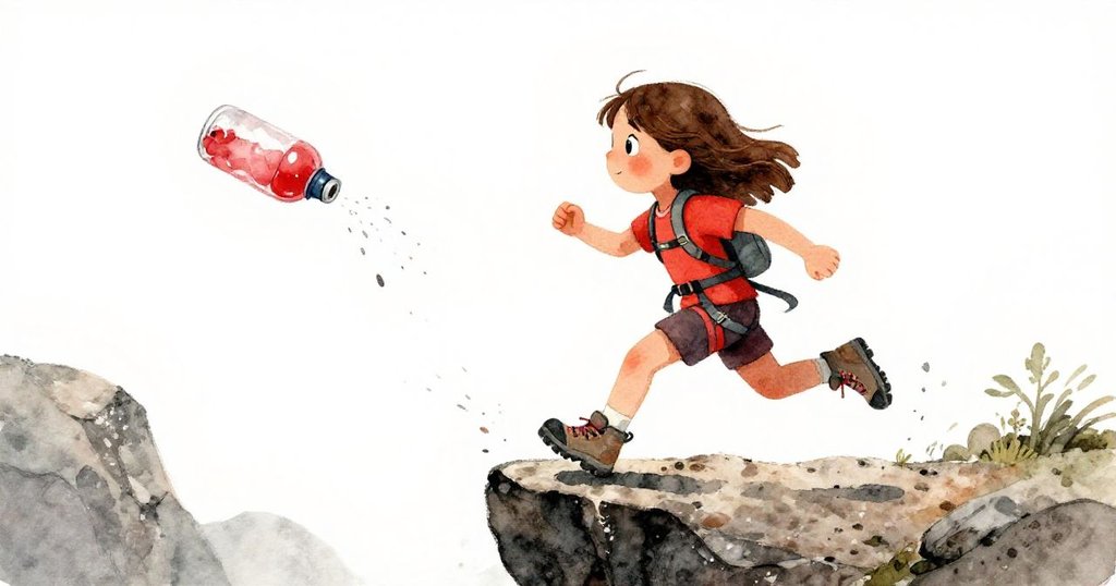 Tara急奔狹岩邊,水瓶飛落空中,動作果敢,場面充滿緊迫冒險氛圍。