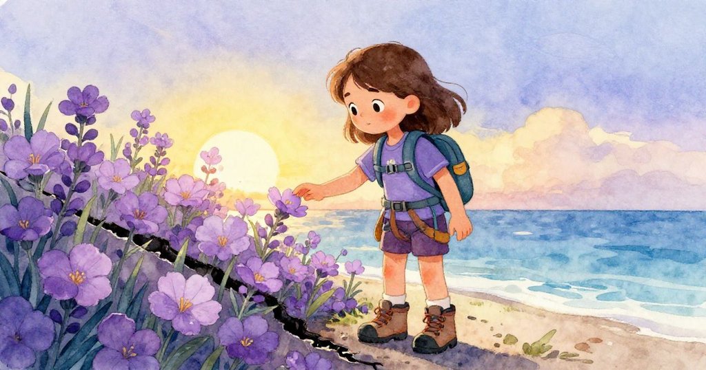 Tara站在紫花岩縫旁輕撫花瓣,夕陽餘暉下告別山徑,表情滿含感激與寧靜。