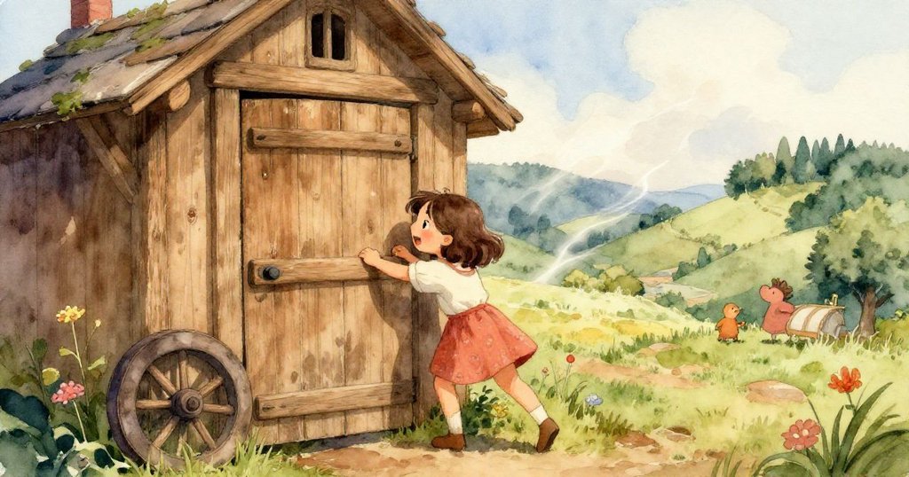 莉莉專注地用手抓著繩子和老舊門扉，特寫展示出木材紋理和繩子纖維，情緒堅定細膩