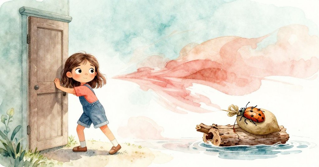 莉莉用力推門時，旁邊風力強勁使帆布飄動，甲蟲乘著樹皮小筏隨風而行，動態對比鮮明