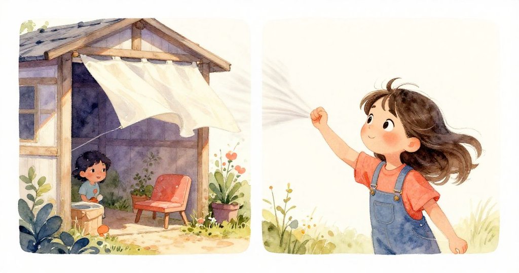 莉莉在同一木棚前觀察時間變化，一邊是柔和的晨光，一邊是充滿動感的午後風起，表情從寧靜轉為專注