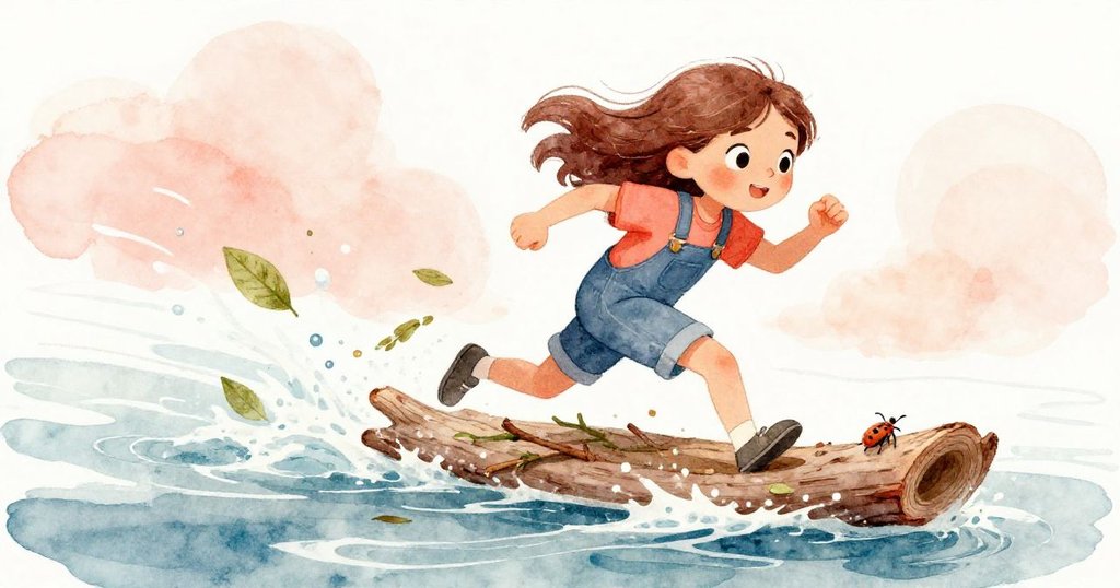 莉莉急奔在花園小徑上追逐著洶湧流水中飄浮的樹葉與小甲蟲，充滿驚訝與急迫情緒，動感十足