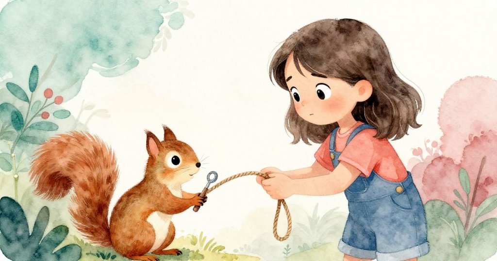莉莉與友善松鼠在花園中交換物品，莉莉交出繩子，松鼠呈上小工具，情感溫馨，標誌著風波過後的和諧
